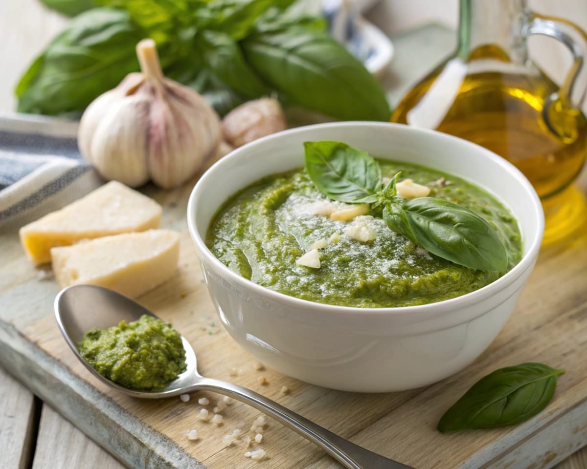 Nut-free pesto sauce in a white bowl with basil and Parmesan, perfect for allergy-friendly cooking