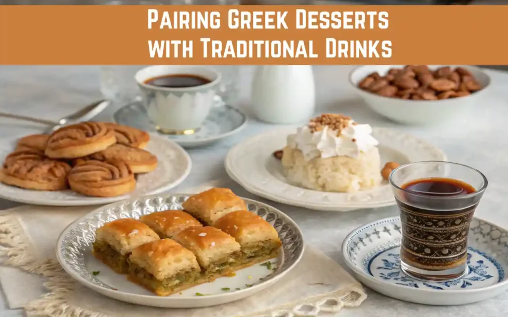 Table with traditional Greek desserts paired with drinks including baklava and Greek coffee, melomakarona with wine, and loukoumi with ouzo