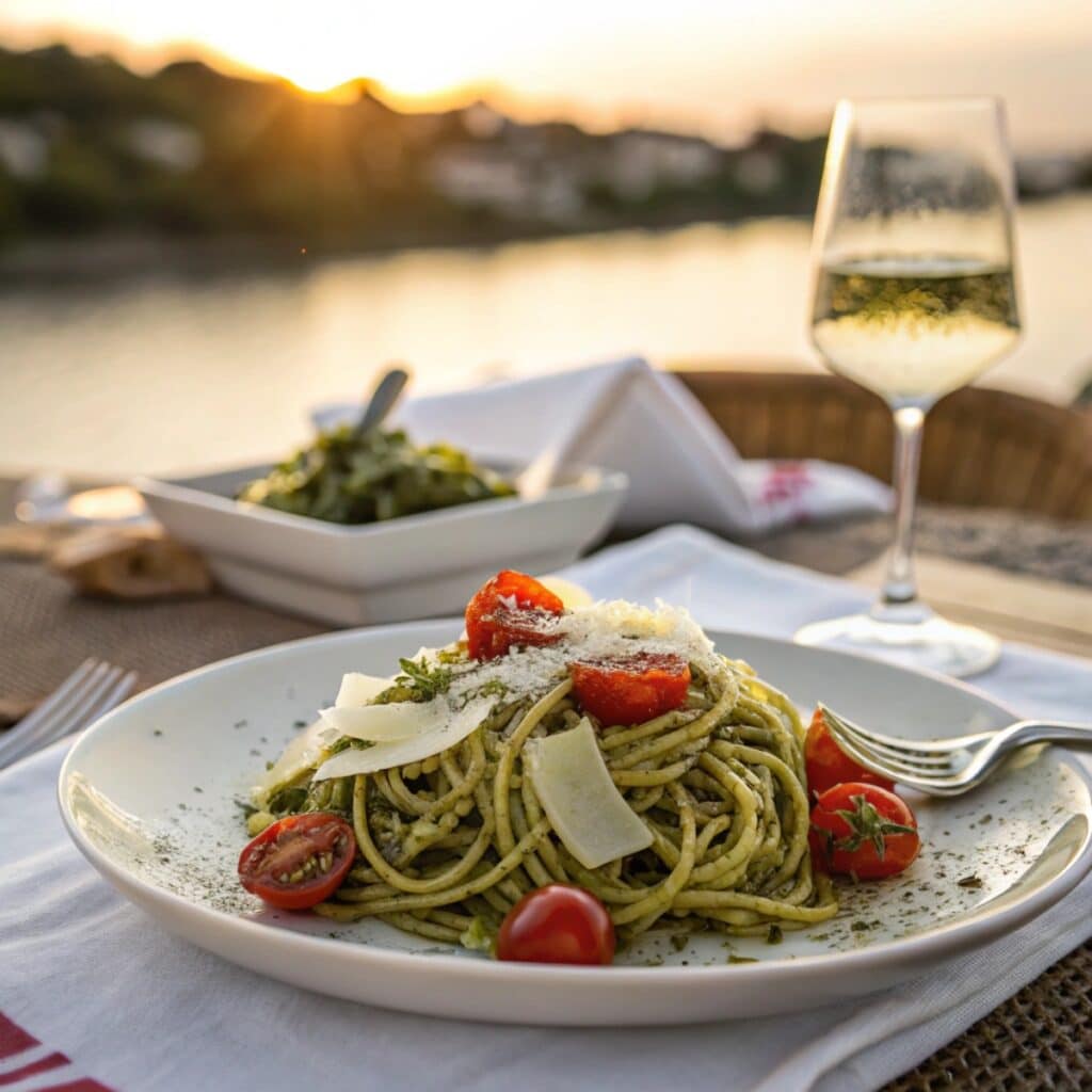 Twirled spaghetti with nut-free pesto sauce, cherry tomatoes, and Parmesan