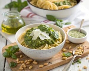 Close-up shot of a pesto recipe without pine nuts on a white plate with fresh basil leaves