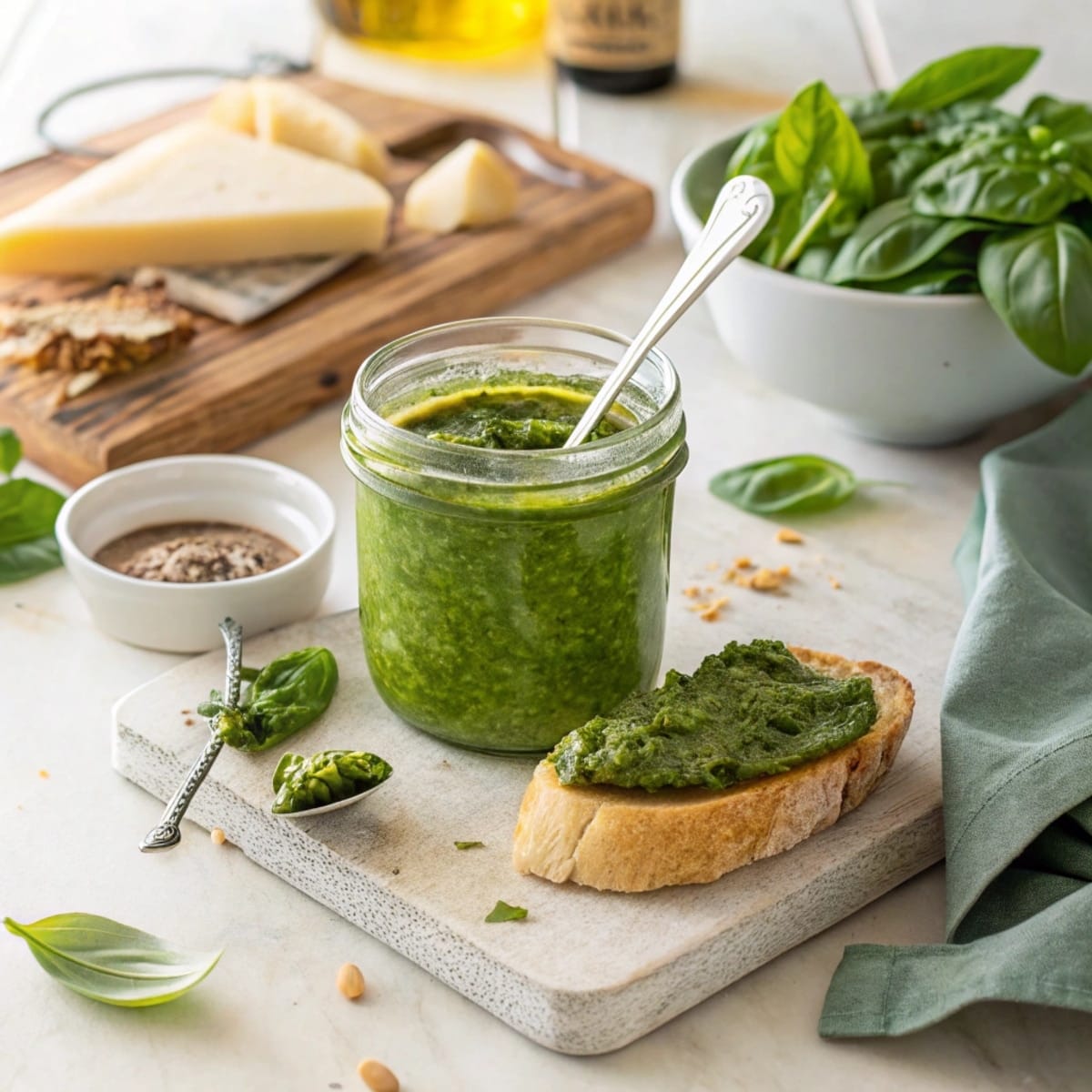 Nut-free pesto in a glass jar, with a spoon, surrounded by ingredients for storage and serving