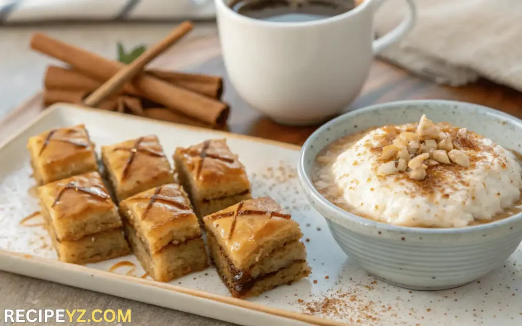 Plate of Greek Baklava and bowl of Rizogalo rice pudding with cinnamon