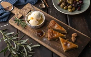 Assorted regional and modern Greek desserts including kalitsounia, amygdalota, baklava cheesecake, and ouzo sorbet on a wooden board
