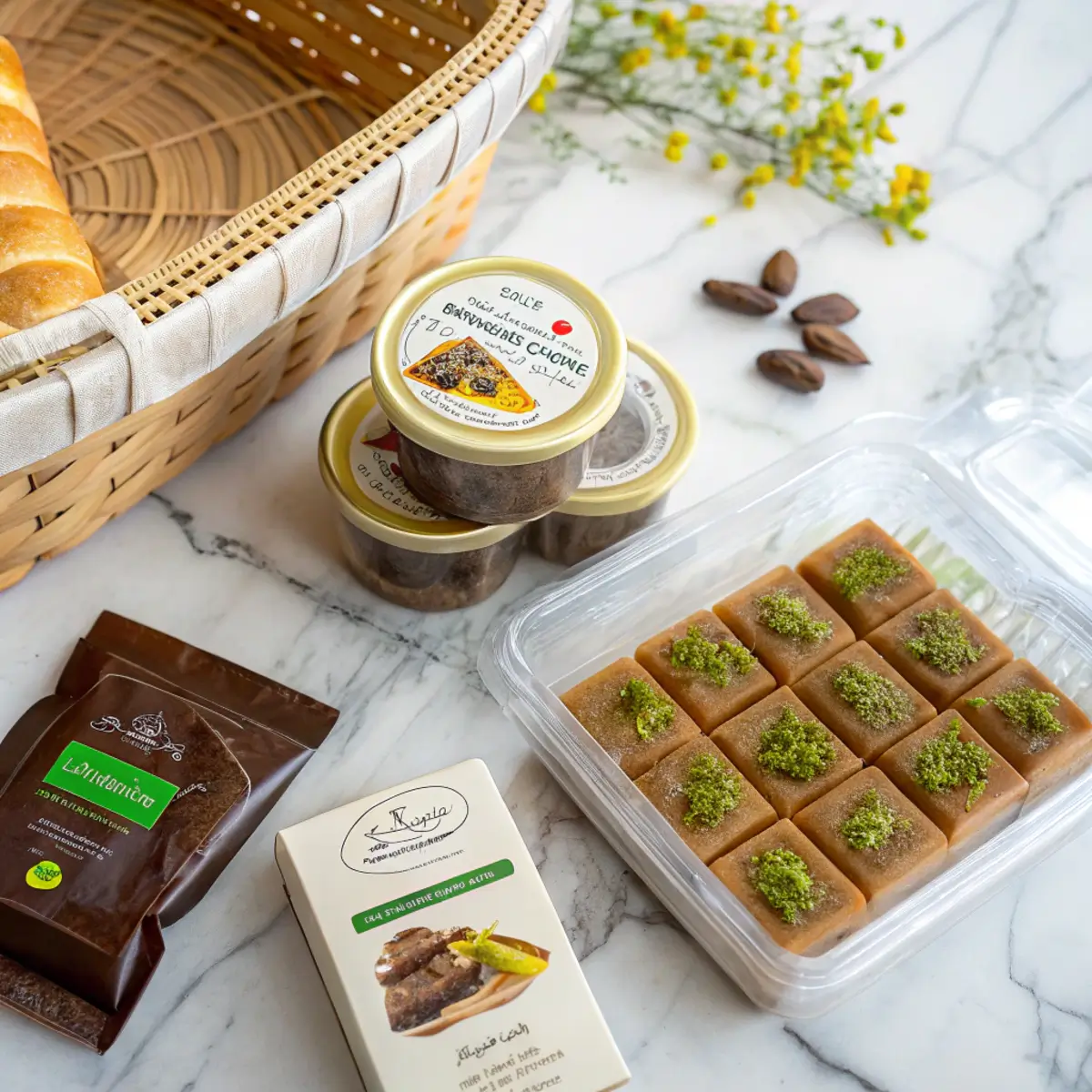 sourcing-dubai-chocolate-bar-ingredients-guide Sourcing guide for Dubai chocolate bar ingredients with kataifi pastry packages, pistachio butter jars, and milk chocolate bars from Middle Eastern markets for a homemade chocolate bars recipe