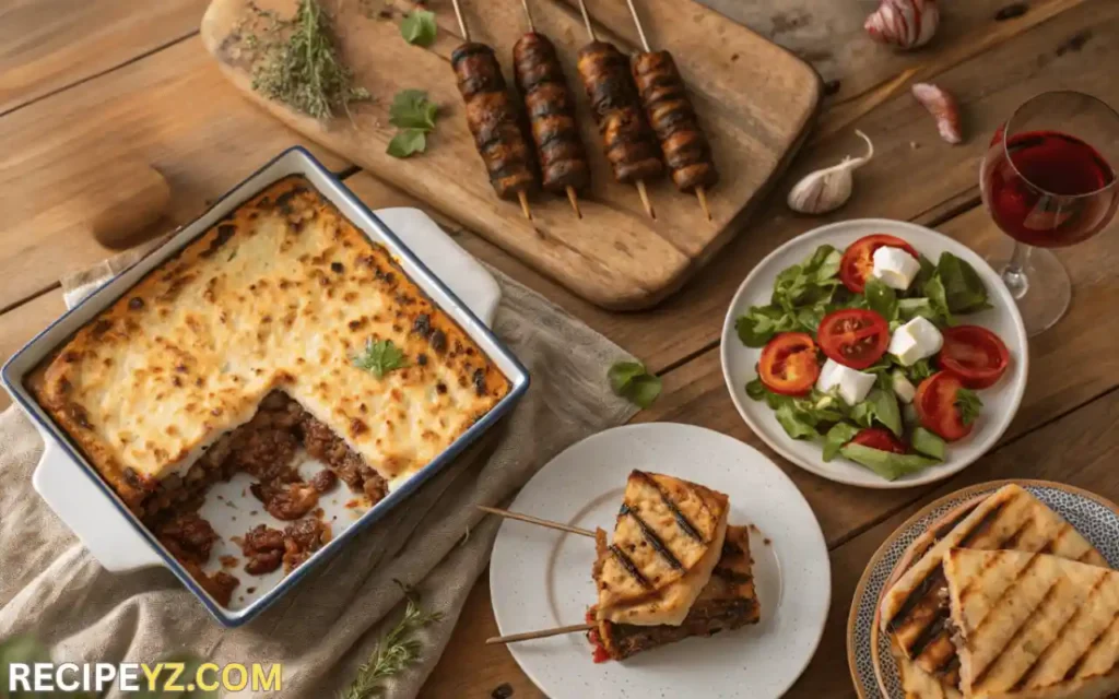 Rustic Greek dinner table with baked Moussaka, Souvlaki skewers, pita bread, and Greek salad