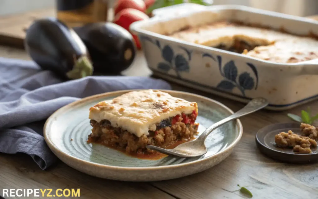 Slice of Spanakopita Moussaka with layers of eggplant, meat sauce, and béchamel