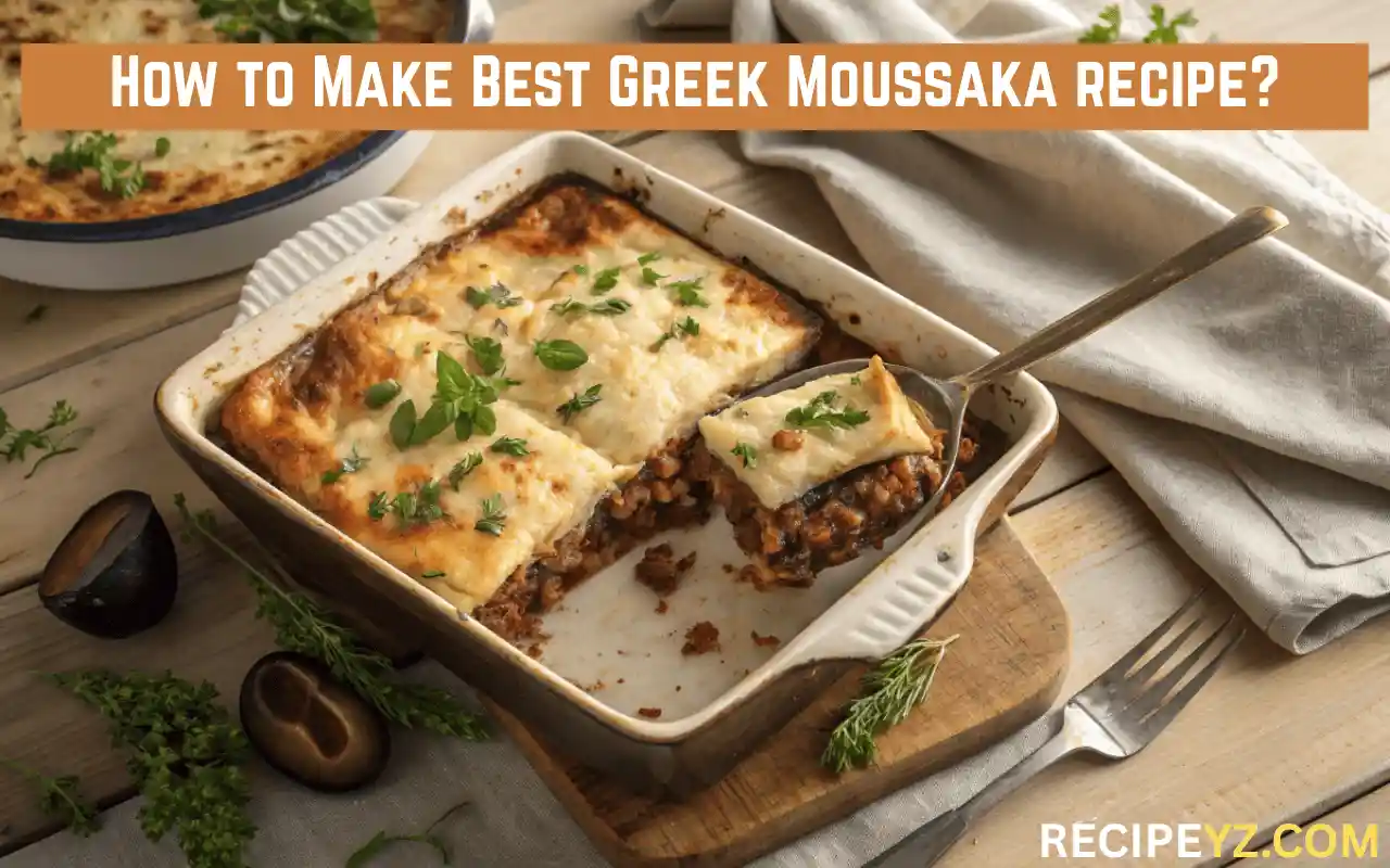 Freshly baked Greek Moussaka casserole with golden béchamel topping and rich eggplant and meat layers