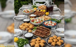 Rustic Greek family table with traditional starters, mains, salads, and desserts