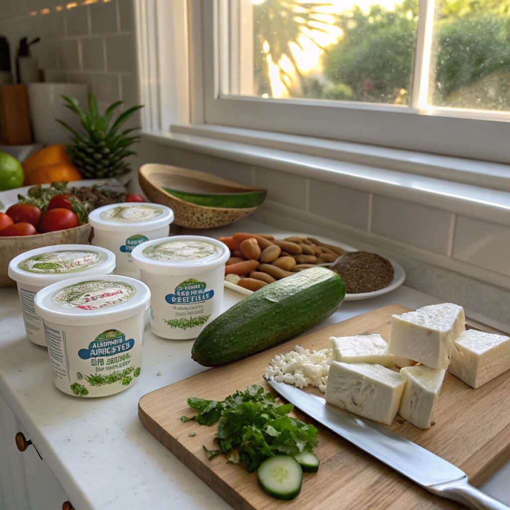 Assortment of yogurt alternatives including coconut, almond, and Greek yogurt, next to fresh vegetables and tofu in a casual kitchen setting, with sunlight filtering through a window