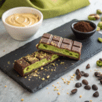 Close-up of a vegan Dubai chocolate bar with creamy pistachio and tahini filling