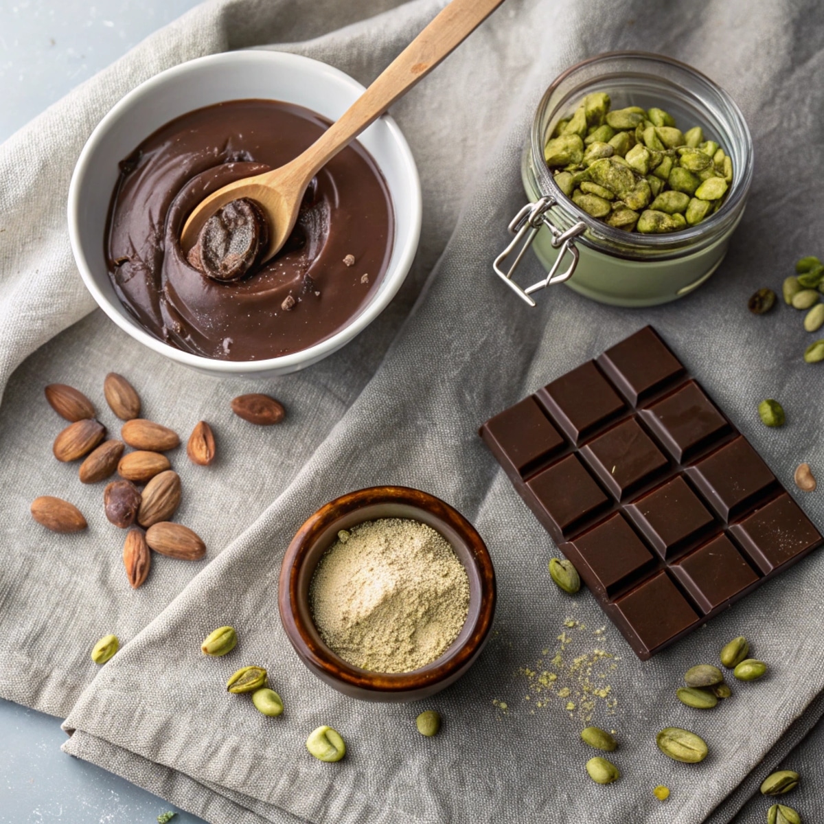 Ingredients for a vegan Dubai chocolate bar, including pistachio butter and tahini