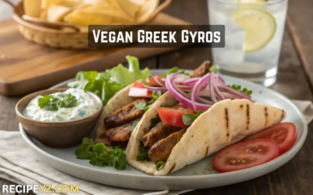 Pita bread filled with vegan Greek gyros strips, fresh vegetables, and dairy-free tzatziki