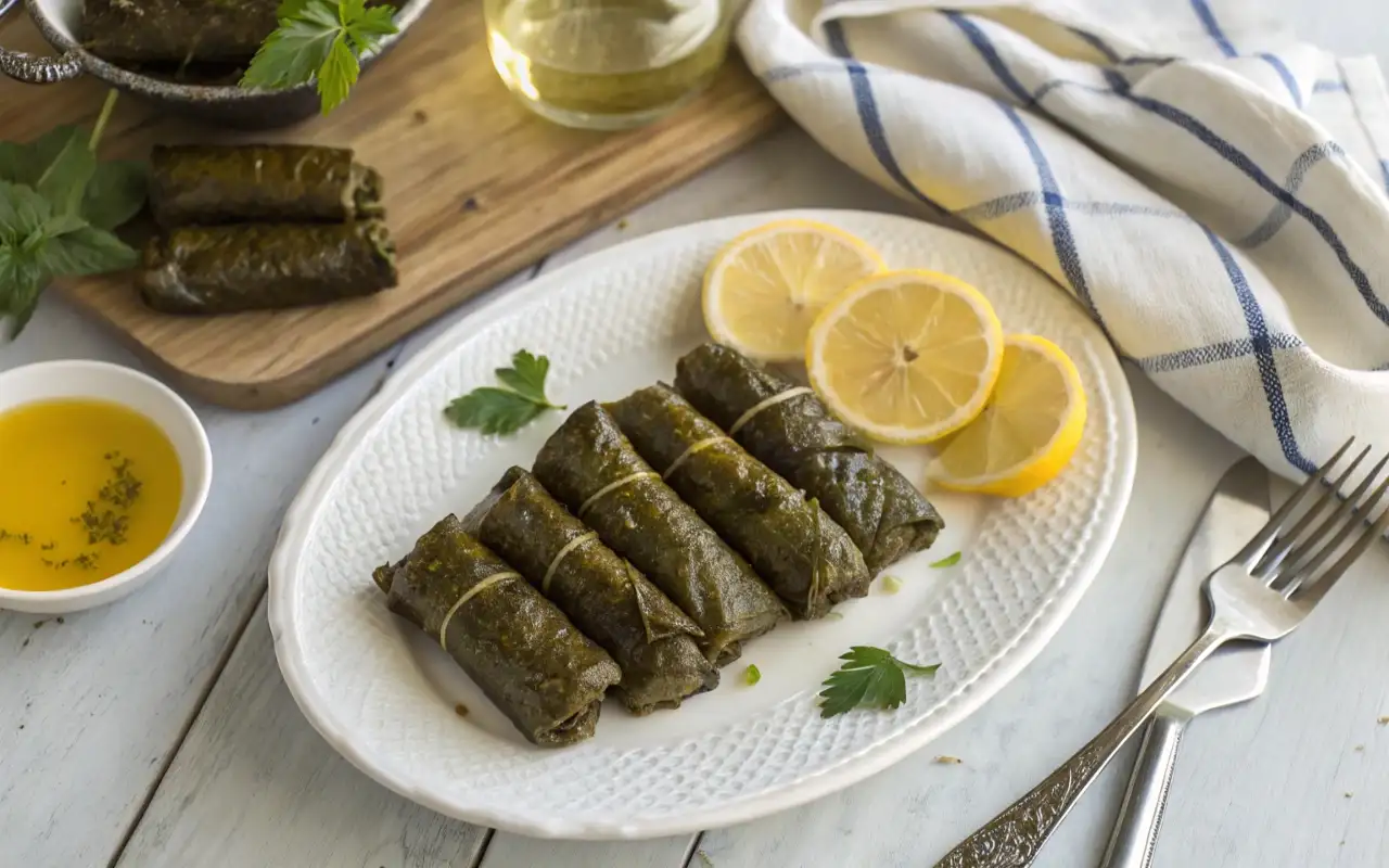 Vegan Greek dolmades without meat on a white plate with lemon slices and olive oil dip