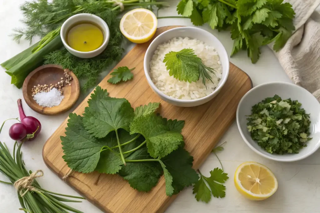 Fresh grape leaves, rice, herbs, and lemon for Greek Dolmades recipe