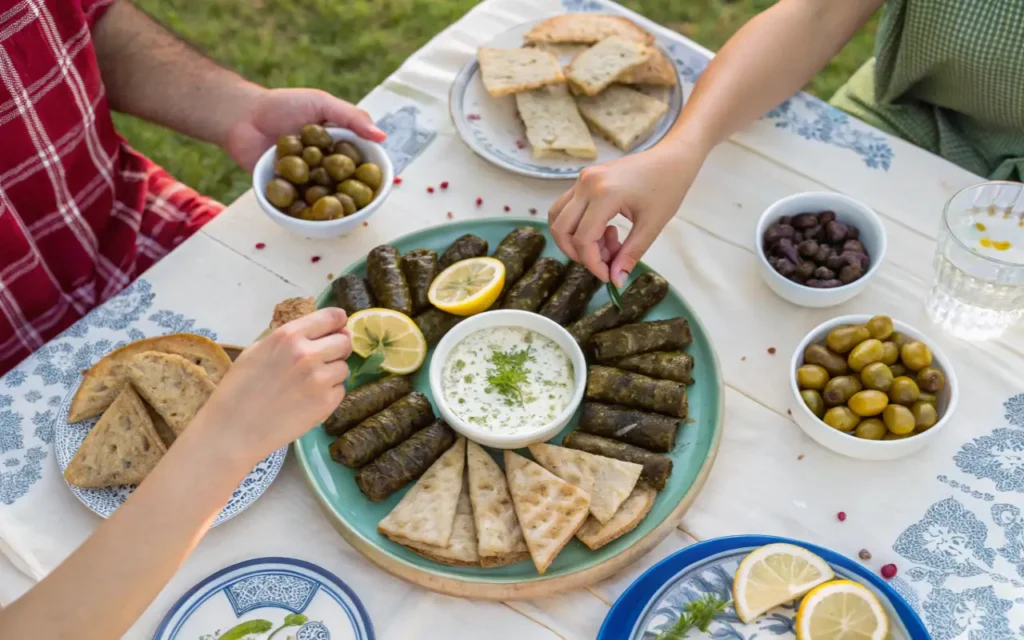 Served Greek Dolmades on a mezze platter with dips, bread, and olives