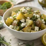 Traditional Greek potato salad dressing with olive oil, herbs, and feta