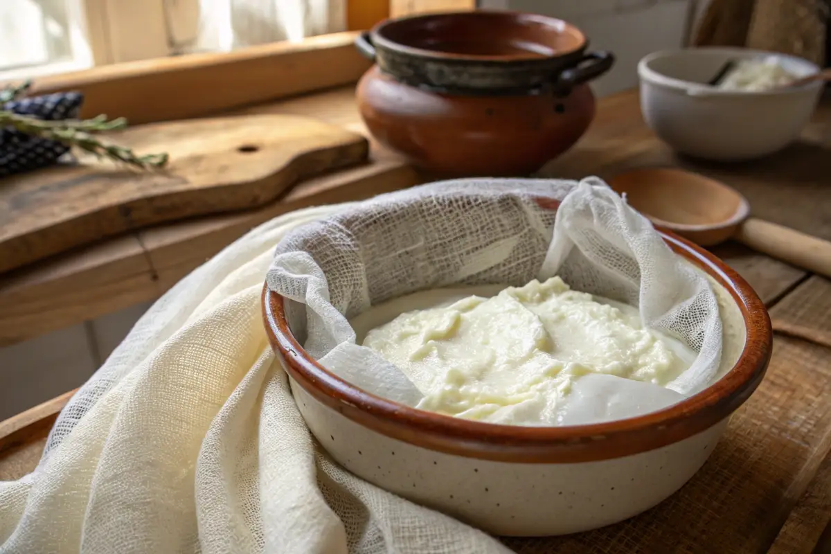 Traditional method showing how Greek yogurt is made with muslin cloth