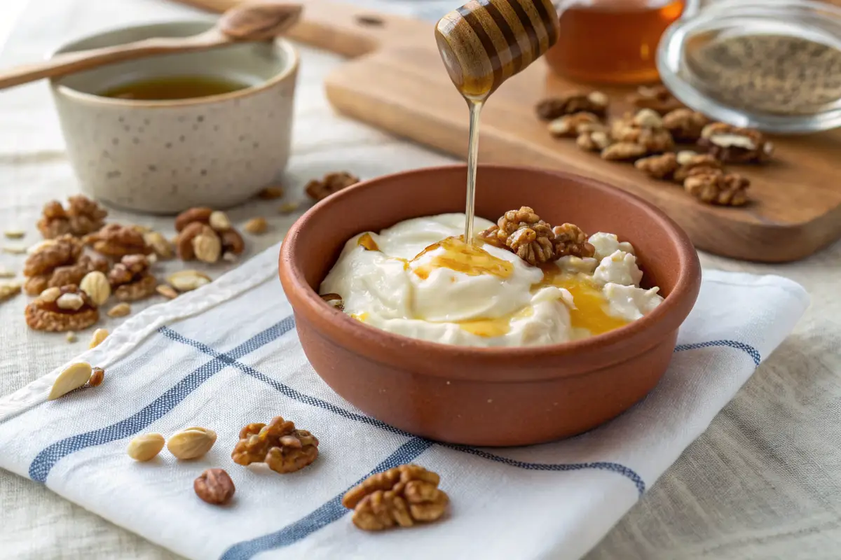 Greek yogurt vs regular yogurt breakfast bowl with honey and walnuts