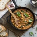 Overhead view of creamy Marry Me Chickpeas in a skillet with fresh basil and crusty bread