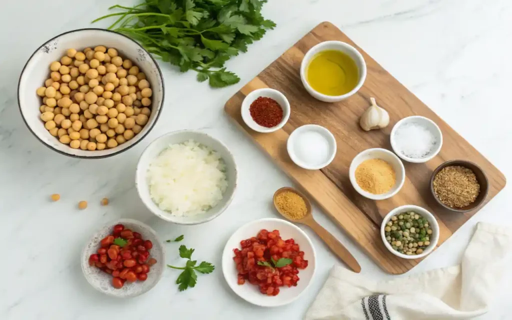 Flat lay of chickpea skillet ingredients including chickpeas, garlic, onion, coconut cream, sun-dried tomatoes, and herbs