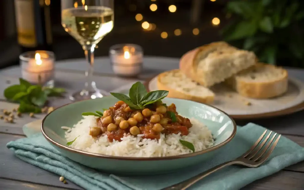 Plated creamy Marry Me Chickpeas served over rice with crusty bread and fresh herbs