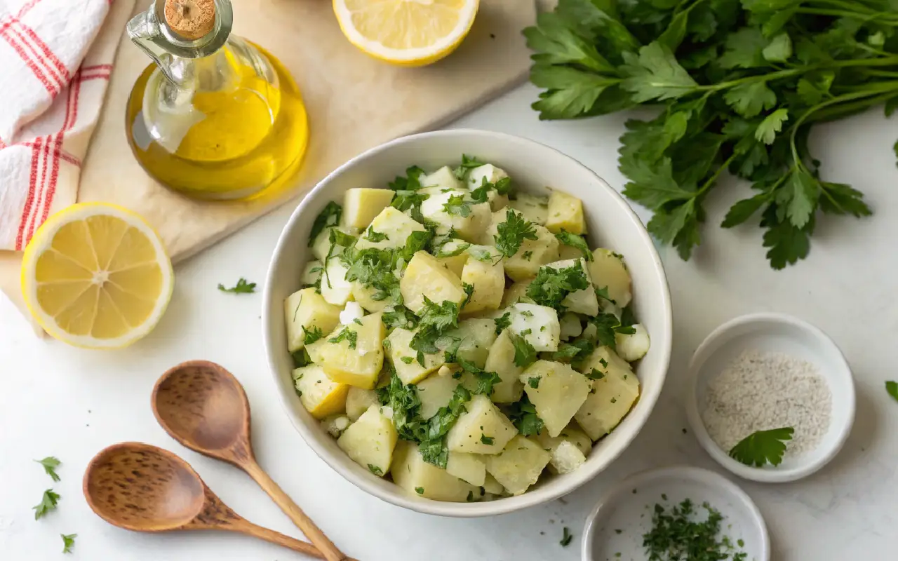 Healthy Greek potato salad with olive oil, herbs, and fresh ingredients