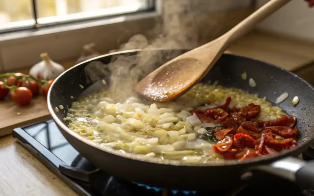 Sautéing chopped onion and minced garlic for Marry Me Chickpeas in a skillet
