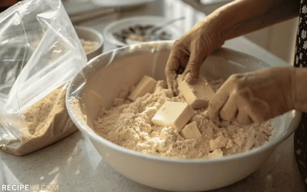 Hands mixing butter and flour to make crumbly Kourou dough for Tiropitakia