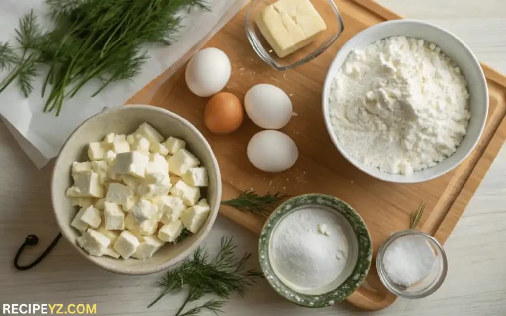 Overhead view of flour, butter, Greek yogurt, eggs, crumbled feta cheese, and fresh dill arranged for Tiropitakia recipe