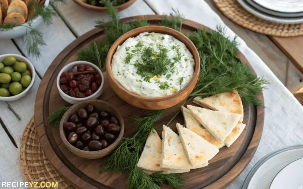 Tiered platter of Tiropitakia Kourou with garnishes and Greek meze sides