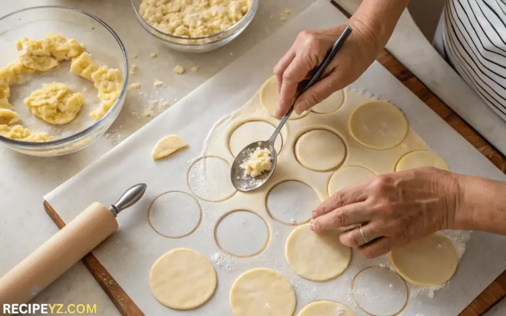 Hands shaping and filling Tiropitakia Kourou dough circles with feta cheese