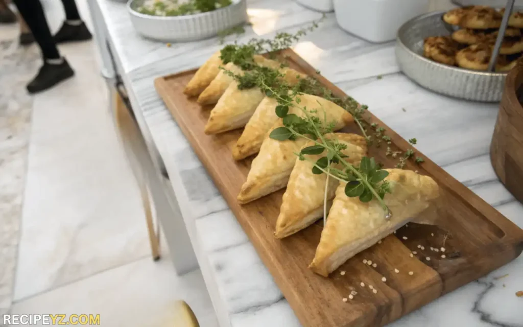 Assortment of classic, gluten-free, and vegan Tiropitakia Kourou on a wooden serving board