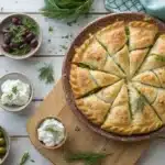 Overhead close-up of freshly baked Tiropitakia Kourou mini cheese pies with flaky Kourou pastry and creamy feta filling on a rustic wooden platter